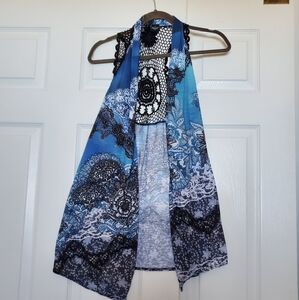 Y2K NEW DIRECTIONS Duster Vest Blue Paisley Crochet Back Festival Summer Layer